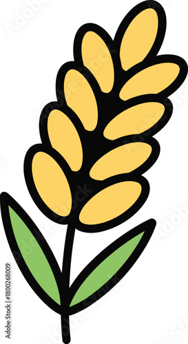 Yellow wheat stalk with green leaves and black outline grain plant