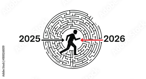 Person navigating a complex maze from 2025 towards 2026, symbolizing future challenges and progress.