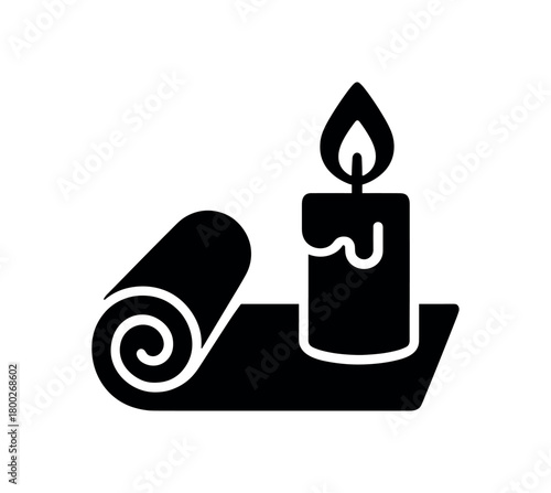 yoga mat and candle flat black solid vector illustration isolated on white background
