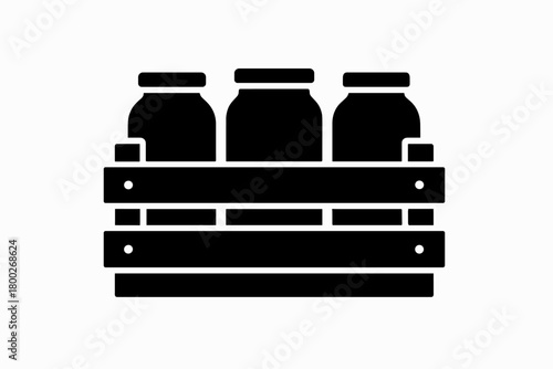 wooden crate with jars flat black solid vector illustration isolated on white background