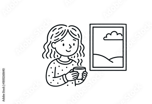handdrawn cute doodle style woman holding teacup near window vector line illustration