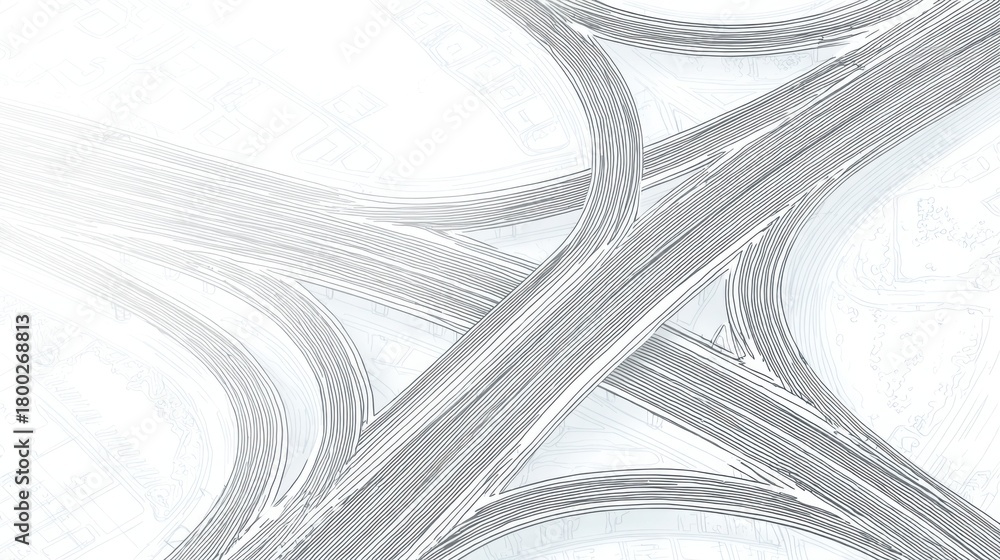 © Sergey - minimalist line art blueprint of a four way highway interchange, thin precise lines, white background, light gray stroke, clean geometry