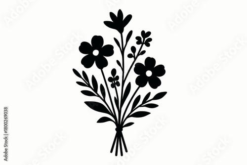 wildflower bunch flat black solid vector illustration isolated on white background