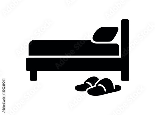 slippers near bed flat black solid vector illustration isolated on white background