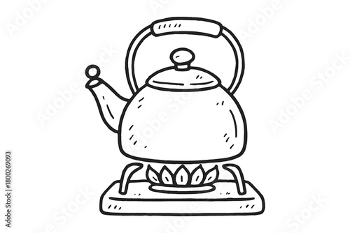handdrawn cute doodle style kettle on stove vector line illustration