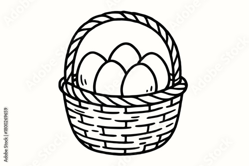 handdrawn cute doodle style wicker basket with eggs vector line illustration