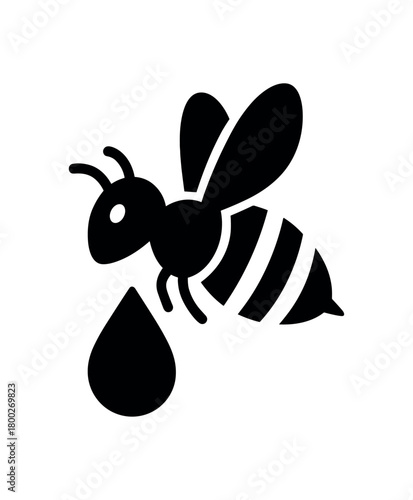 bee and honey drop flat black solid vector illustration isolated on white background