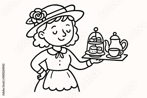 handdrawn cute doodle style english lady serving afternoon tea vector line illustration