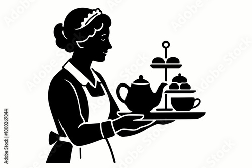 english lady serving afternoon tea flat black solid vector illustration isolated on white background