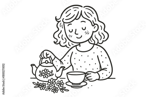handdrawn cute doodle style woman brewing herbal tea with flowers vector line illustration