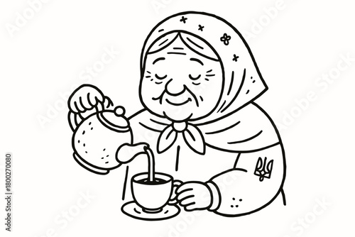 handdrawn cute doodle style ukrainian grandmother pouring black tea vector line illustration