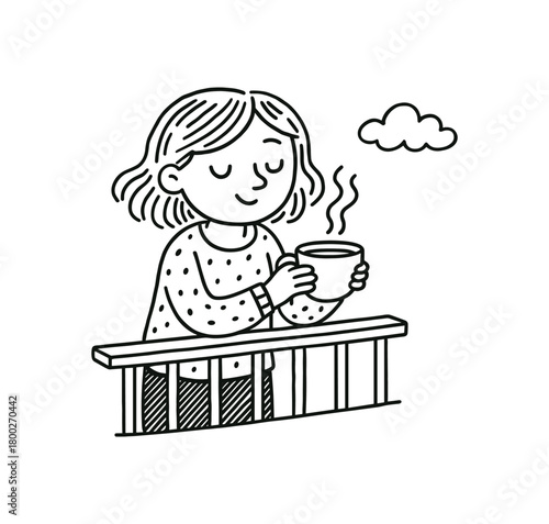 handdrawn cute doodle style woman sipping tea on balcony vector line illustration