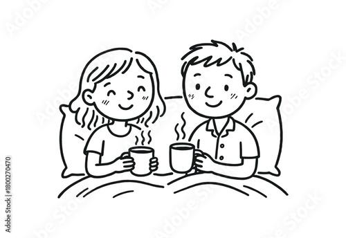 handdrawn cute doodle style couple having morning tea bed vector line illustration