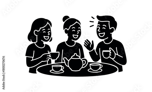 laughing at tea party flat black solid vector illustration isolated on white background