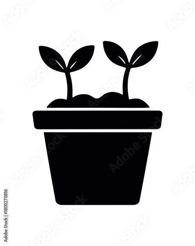 flower pot with sprouts flat black solid vector illustration isolated on white background