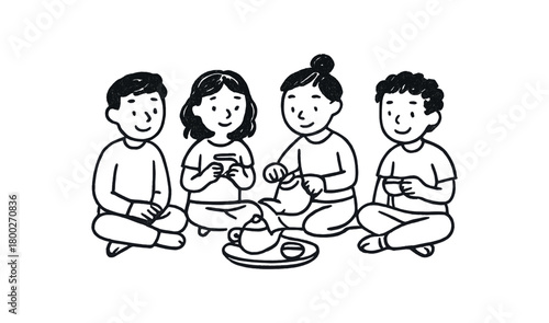 handdrawn cute doodle style people sitting on floor with teaware vector line illustration