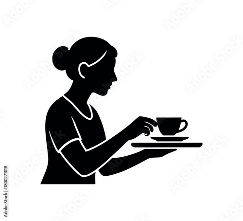 woman placing teacup on tray flat black solid vector illustration isolated on white background