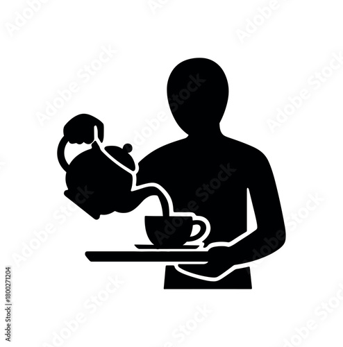 person pouring tea over tray flat black solid vector illustration isolated on white background