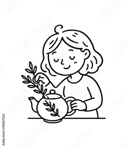 handdrawn cute doodle style woman placing herbs teapot vector line illustration