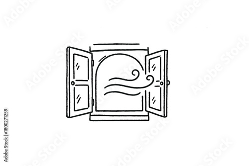 handdrawn cute doodle style open window with breeze vector line illustration