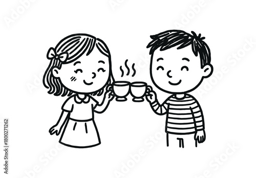 handdrawn cute doodle style couple clinking teacups vector line illustration