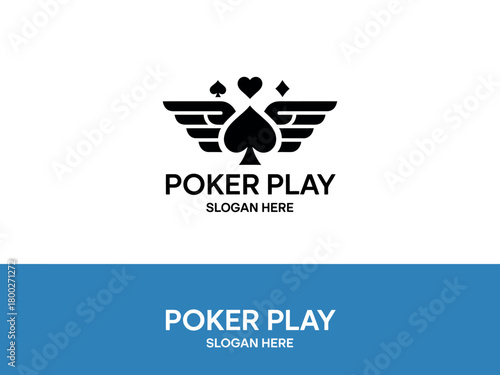 Dynamic poker logo with wings, hearts, and spade, symbolizing luck and strategy.