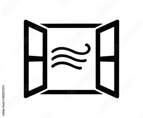 open window with breeze flat black solid vector illustration isolated on white background