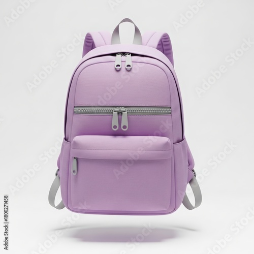 A stylish light purple backpack with multiple zippered compartments and adjustable shoulder straps isolated on a white background