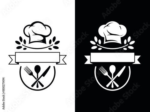 Classic chef hat emblem with crossed cutlery and laurel branches, perfect for culinary branding