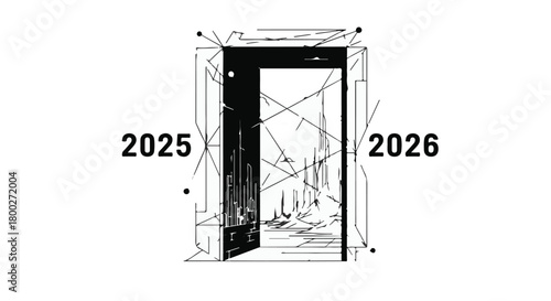 Open doorway symbolizing transition from 2025 to 2026 with abstract architectural sketch elements