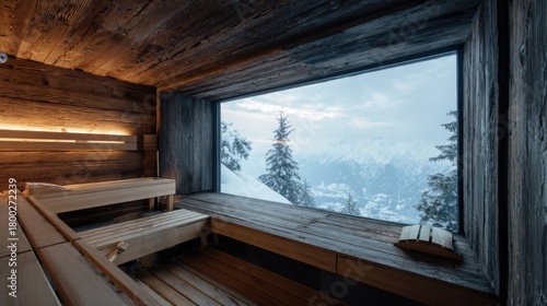 rustic alpine sauna with panoramic window overlooking snowy mountains, warm glowing interior, wooden benches, soft steam, contrast of cold scenery