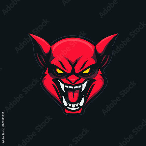 Bold red demon mascot design with fierce expression and sharp features, perfect for sports teams or gaming logos