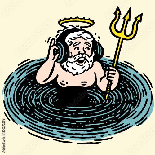 Old man with headphones immersed in swirling water holds a trident while listening to music joyfully