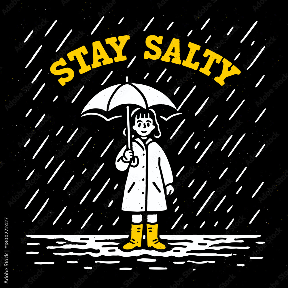 Obraz premium Bright message in rain with cheerful girl under umbrella spreading positivity on a dreary day