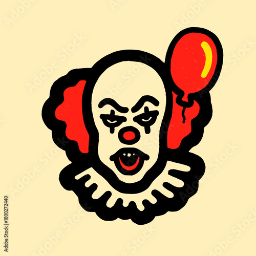 Creepy clown with a balloon showcases a playful yet eerie character on a simple background