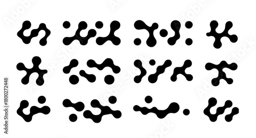 Vector illustration shows a set of abstract black blobs and organic shapes on a white background. The style is minimalistic Y2K, using rounded, interconnected forms for a futuristic theme.