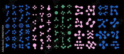 Vector illustration features sets of abstract organic shapes in blue, pink, and green. The modern, playful style uses rounded and interconnected forms, evoking a futuristic and experimental theme.