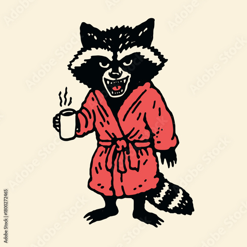 Raccoon in a red robe holding a steaming cup while exuding a cheeky attitude in a playful art style