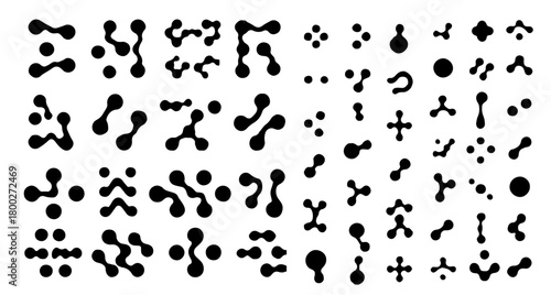 Vector illustration shows a set of abstract black blobs and organic shapes on a white background. The style is minimalistic Y2K, using rounded, interconnected forms for a futuristic theme.