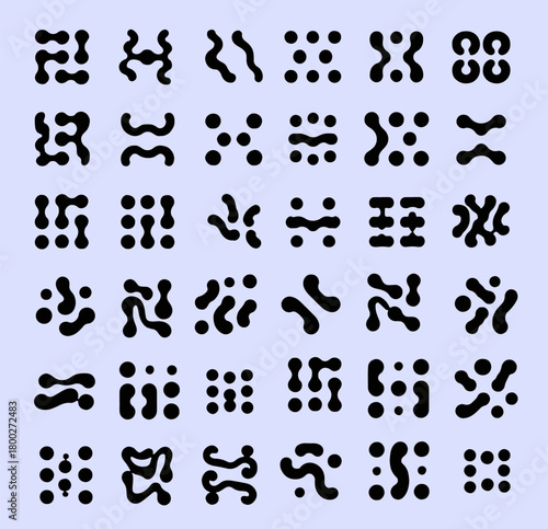 Vector illustration shows a set of abstract black blobs and organic shapes. The style is minimalistic and modern, using rounded, interconnected forms for a futuristic theme.