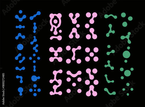 Vector illustration features sets of abstract organic shapes in blue, pink, and green. The modern, playful style uses rounded and interconnected forms, evoking a futuristic and experimental theme.