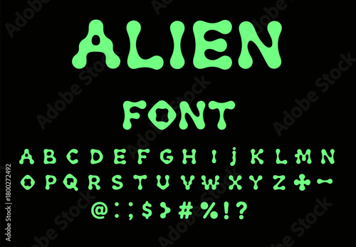 Vector illustration features a bold, bubbly alien-inspired font in bright neon green on a solid black background. The style is playful and futuristic, with rounded, organic shapes and a sci-fi theme.