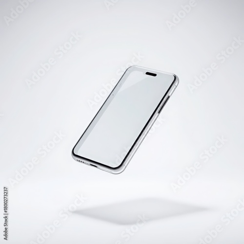 Modern smartphone with a blank screen floating in the air with a subtle shadow on a clean white background