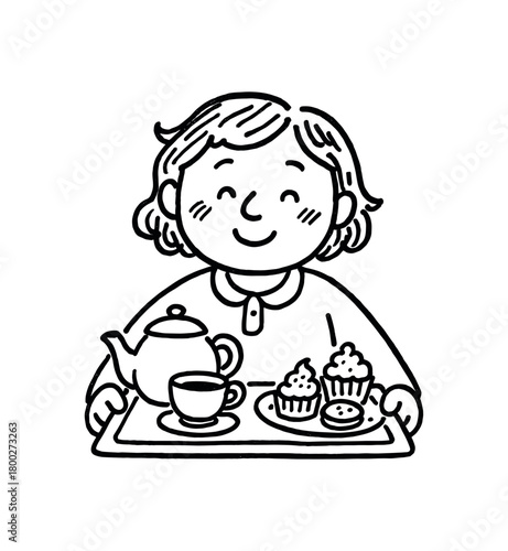 handdrawn cute doodle style person serving tea with small desserts vector line illustration