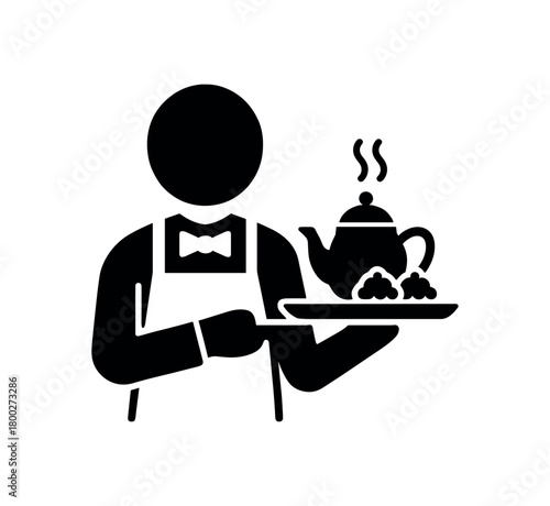 person serving tea with small desserts flat black solid vector illustration isolated on white background