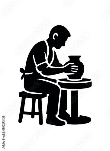 potter shaping clay on wheel flat black solid vector illustration isolated on white background