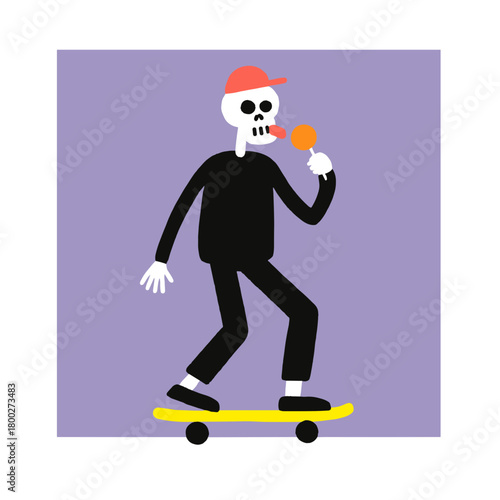 Skeleton rides a skateboard while enjoying a colorful ice cream cone in a playful urban setting