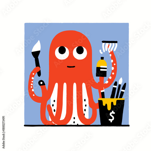 Creative octopus showcasing artistic talents with paintbrushes, colors, and a playful demeanor in a vibrant studio setting