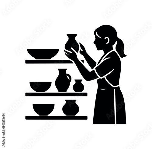 woman arranging finished ceramics on shelf flat black solid vector illustration isolated on white background
