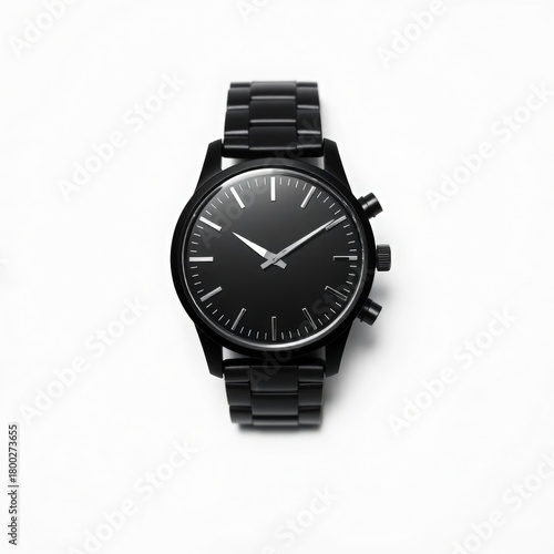 Modern black stainless steel wristwatch with a minimalist dial and metal band isolated on a white background